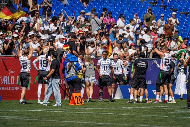 Germany (GER) vs. Brazil (BRA), Day 2 of the Men s IFAF Flag Football Championships in Düsseldorf 2026, August 14, 2026, Düsseldorf, Germany—The German team celebrates its victory after the match between Germany (GER) and Brazil (BRA) on the second day of the Men’s IFAF Flag Football World Championships at the Bezirkssportanlage Düsseldorf Garath Copyright: xBEAUTIFULxSPORTS B.Hoffmannx