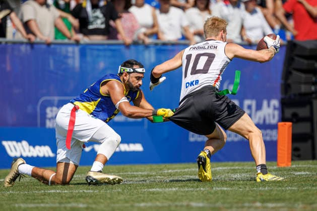 Germany GER vs. Brazil BRA, Day 2 Men s Division at the IFAF Flag Football Championships Düsseldorf 2026, August 14, 2026, Düsseldorf, Germany. Ben Fröhlich (GER) No. 10 during the match between Germany (GER) and Brazil (BRA) on the second day of the Men’s IFAF Flag Football World Championships at the Bezirkssportanlage Düsseldorf Garath Copyright: xBEAUTIFULxSPORTS B.Hoffmannx