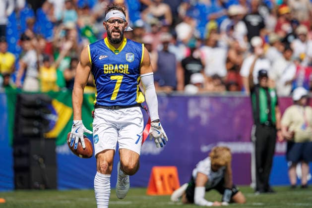 Germany GER vs. Brazil BRA, Day 2 Men s Division at the IFAF Flag Football Championships in Düsseldorf 2026, August 14, 2026, Düsseldorf, Germany; Aug 14, 2026, bra7m, during the match between Germany (GER) and Brazil (BRA) on the second day of the Men’s IFAF Flag Football World Championships at the Bezirkssportanlage Düsseldorf Garath Copyright: xBEAUTIFULxSPORTS B.Hoffmannx