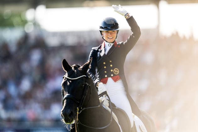 August 14, 2026: Charlotte Fry of Great Britain and her horse Glamourdale celebrate after competing in the Dressage Grand Prix Special on Day 4 of the 2026 FEI World Championships on August 14, 2026 in Aachen. Photo by Emma Wallskog. BILDBYRAN code EW EW0682 equestrian sports 2026 World Championships 2026 FEI World Championships BBENG equestrian sports World Championships dressage celebration  Copyright: EMMAxWALLSKOG BB260814EW090