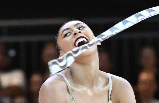 August 14, 2026, xhbx, 2026 Rhythmic Gymnastics World Championships, from left: Barbara Domingos, Brazil, ribbon. DFL, DFB REGULATIONS PROHIBIT ANY USE OF PHOTOGRAPHS AS IMAGE SEQUENCES AND OR QUASI-VIDEO. Frankfurt am Main