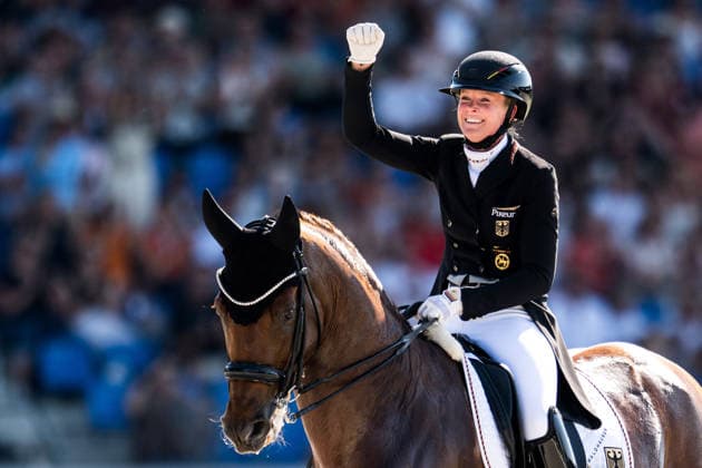 August 14, 2026: Katharina Hemmer of Germany, riding Denoix, competed in the Dressage Grand Prix Special on Day 4 of the 2026 FEI World Championships on August 14, 2026 in Aachen. Photo by Emma Wallskog, BILDBYRAN, code EW EW0682, equestrian sports, 2026 World Championships, 2026 FEI World Championships, BBENG, equestrian sports, World Championships, dressage Copyright: EMMAxWALLSKOG BB260814EW096