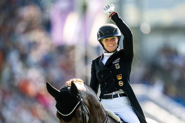 August 14, 2026: Katharina Hemmer of Germany, riding Denoix, celebrates after competing in the Dressage Grand Prix Special on Day 4 of the 2026 FEI World Championships on August 14, 2026 in Aachen. Photo by Emma Wallskog, BILDBYRAN, code EW EW0682. equestrian sports, 2026 World Championships, 2026 FEI World Championships, BBENG, equestrian World Championships, dressage, celebration Copyright: EMMAxWALLSKOG BB260814EW097
