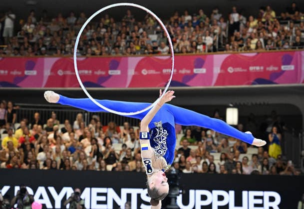 August 14, 2026, xhbx, 2026 Rhythmic Gymnastics World Championships, from left: Taisilia Onofriichuk (Ukraine), hoop; DFL, DFB. REGULATIONS PROHIBIT ANY USE OF PHOTOGRAPHS AS IMAGE SEQUENCES AND OR QUASI-VIDEO. Frankfurt am Main