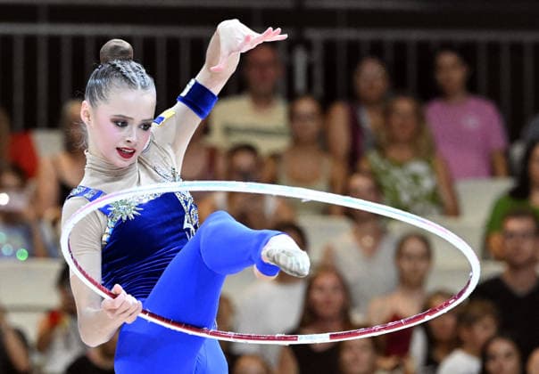 August 14, 2026, xhbx, 2026 Rhythmic Gymnastics World Championships, from left: Taisilia Onofriichuk (Ukraine), hoop; DFL, DFB. REGULATIONS PROHIBIT ANY USE OF PHOTOGRAPHS AS IMAGE SEQUENCES AND OR QUASI-VIDEO. Frankfurt am Main
