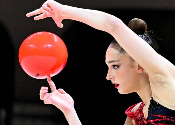 August 14, 2026, xhbx, 2026 Rhythmic Gymnastics World Championships, from left: Daniela Munits, Israel, Ball, DFL, DFB. REGULATIONS PROHIBIT ANY USE OF PHOTOGRAPHS AS IMAGE SEQUENCES AND OR QUASI-VIDEO. Frankfurt am Main