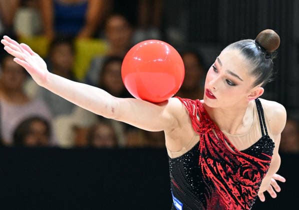 August 14, 2026, xhbx, 2026 Rhythmic Gymnastics World Championships, from left: Daniela Munits, Israel, Ball, DFL, DFB. REGULATIONS PROHIBIT ANY USE OF PHOTOGRAPHS AS IMAGE SEQUENCES AND OR QUASI-VIDEO. Frankfurt am Main