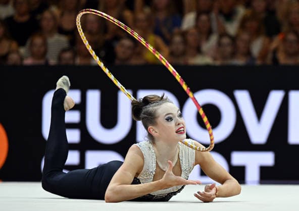 August 14, 2026, xhbx, 2026 Rhythmic Gymnastics World Championships, from left: Vera Tugolukova, Cyprus, DFL, DFB. REGULATIONS PROHIBIT ANY USE OF PHOTOGRAPHS AS IMAGE SEQUENCES AND OR QUASI-VIDEO. Frankfurt am Main