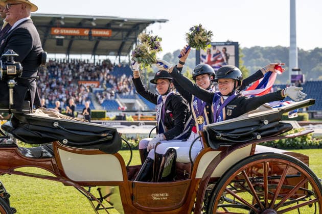 August 14, 2026: Cathrine Laudrup Dufour of Denmark celebrates her second-place finish, Charlotte Fry of Great Britain her first-place finish, and Katharina Hemmer of Germany her third-place finish after competing in the Dressage Grand Prix Special on Day 4 of the 2026 FEI World Championships on August 14, 2026 in Aachen. Photo by Emma Wallskog. BILDBYRAN code EW EW0682 equestrian sports 2026 World Championships 2026 FEI World Championships BBENG equestrian sports World Championships dressage celebration  Copyright: EMMAxWALLSKOG BB260814EW101