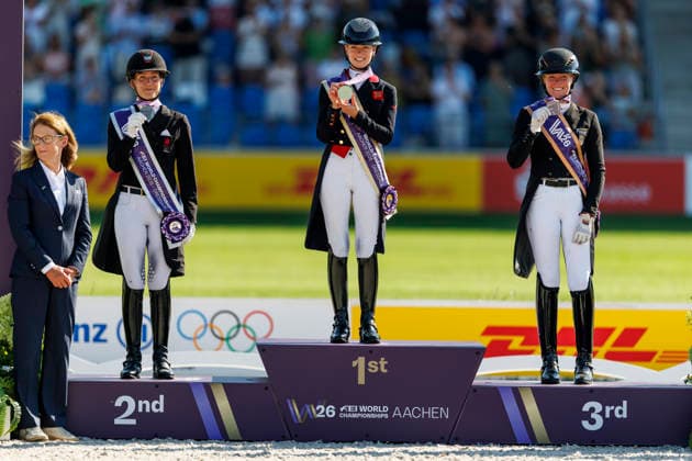 2026 FEI World Championships in Aachen, Aachen FEI World Championships 2026: FRY Charlotte (GBR), Cathrine Laudrup Dufour (DEN), Katharina Hemmer (GER) – Medal ceremony for the FEI Dressage World Championship Grand Prix Special Individual Meggle Prize, Aachen, Soers Equestrian Stadium, August 14, 2026
