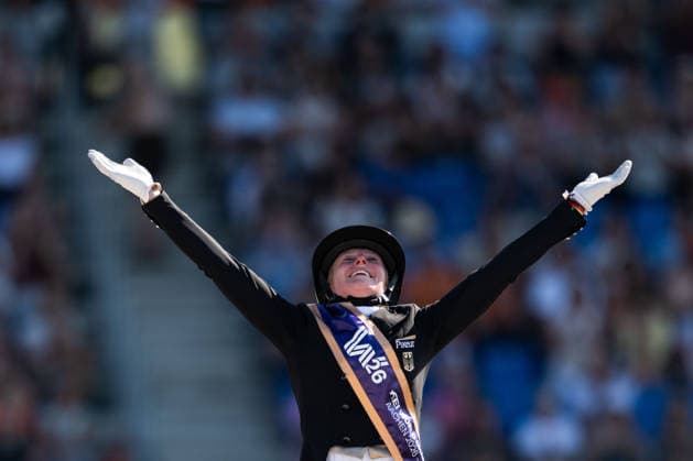 August 14, 2026: Katharina Hemmer of Germany celebrates her third-place finish after the Dressage Grand Prix Special on Day 4 of the 2026 FEI World Championships, 2026 in Aachen. Photo by Emma Wallskog, BILDBYRAN, code EW EW0682. equestrian sports, 2026 World Championships, 2026 FEI World Championships, BBENG, equestrian World Championships, dressage, celebration Copyright: EMMAxWALLSKOG BB260814EW104
