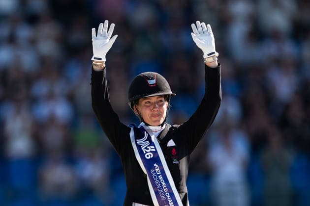 August 14, 2026: Cathrine Laudrup Dufour of Denmark celebrates her second-place finish after the Dressage Grand Prix Special on Day 4 of the 2026 FEI World Championships, 2026 in Aachen. Photo by Emma Wallskog. BILDBYRAN code EW EW0682 equestrian sports 2026 World Championships 2026 FEI World Championships BBENG equestrian sports World Championships dressage celebration  Copyright: EMMAxWALLSKOG BB260814EW107