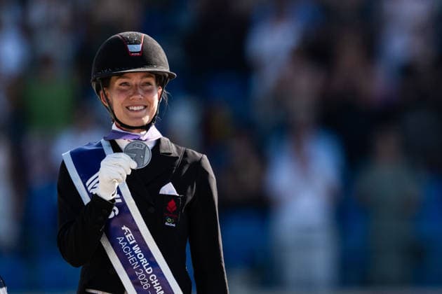 August 14, 2026: Cathrine Laudrup Dufour of Denmark celebrates with her silver medal after the Dressage Grand Prix Special on Day 4 of the 2026 FEI World Championships, 2026 in Aachen. Photo by Emma Wallskog. BILDBYRAN code EW EW0682 equestrian sports riding 2026 World Championships 2026 FEI World Championships BBENG equestrian sports World Championships dressage celebration  Copyright: EMMAxWALLSKOG BB260814EW109