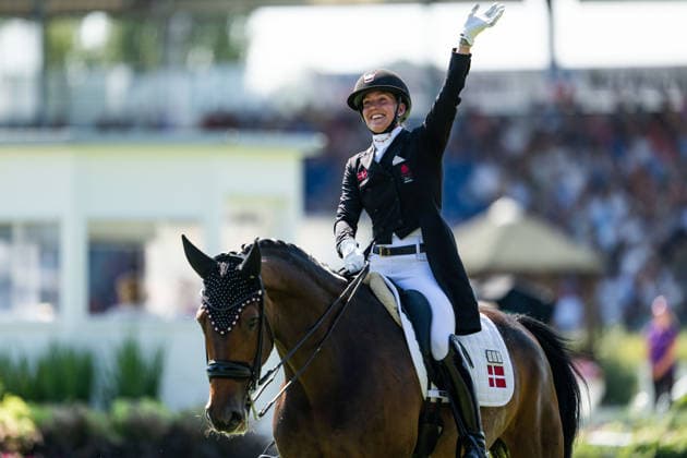 August 14, 2026: Cathrine Laudrup Dufour of Denmark, riding Mount St. John in the Freestyle, celebrates after competing in the Dressage Grand Prix Special on Day 4 of the 2026 FEI World Championships on August 14, 2026 in Aachen. Photo by Emma Wallskog. BILDBYRAN code EW EW0682 equestrian sports riding 2026 World Championships 2026 FEI World Championships BBENG equestrian sports World Championships dressage celebration  Copyright: EMMAxWALLSKOG BB260814EW116