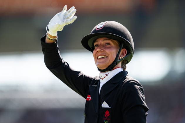 August 14, 2026: Cathrine Laudrup Dufour of Denmark, riding Mount St. John in the Freestyle, celebrates after competing in the Dressage Grand Prix Special on Day 4 of the 2026 FEI World Championships on August 14, 2026 in Aachen. Photo by Emma Wallskog. BILDBYRAN code EW EW0682 equestrian sports riding 2026 World Championships 2026 FEI World Championships BBENG equestrian sports World Championships dressage celebration  Copyright: EMMAxWALLSKOG BB260814EW117