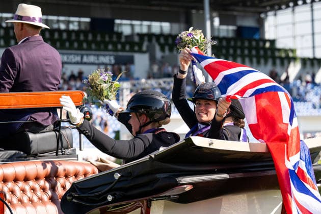 August 14, 2026: Charlotte Fry of Great Britain celebrates after winning the Dressage Grand Prix Special on Day 4 of the 2026 FEI World Championships, 2026 in Aachen. Photo by Emma Wallskog. BILDBYRAN code EW EW0682 equestrian sports riding 2026 World Championships 2026 FEI World Championships BBENG equestrian sports World Championships dressage celebration  Copyright: EMMAxWALLSKOG BB260814EW122