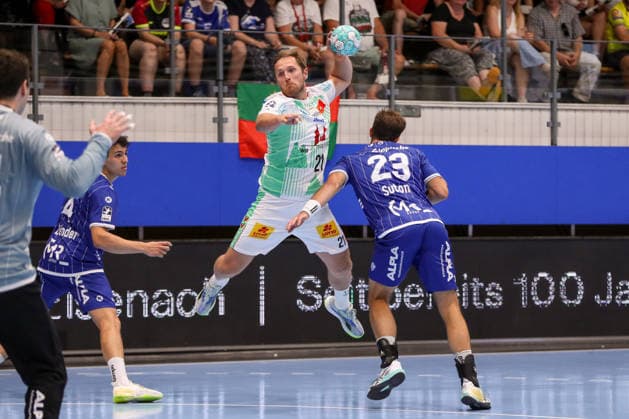 August 14, 2026, xgox, Handball Wartburg Cup: TBV Lemgo vs. Lippe SC Magdeburg, emspor; from left: Albin Lagergren (Magdeburg), 21 shots on goal, goal scorers, scores a goal, goal, scores the goal in Eisenach