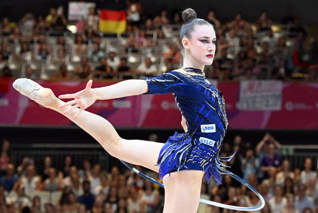 August 14, 2026, xhbx, 2026 Rhythmic Gymnastics World Championships, from left: Darja Varfolomeev, Germany, hoop, DFL, DFB. REGULATIONS PROHIBIT ANY USE OF PHOTOGRAPHS AS IMAGE SEQUENCES AND OR QUASI-VIDEO. Frankfurt am Main