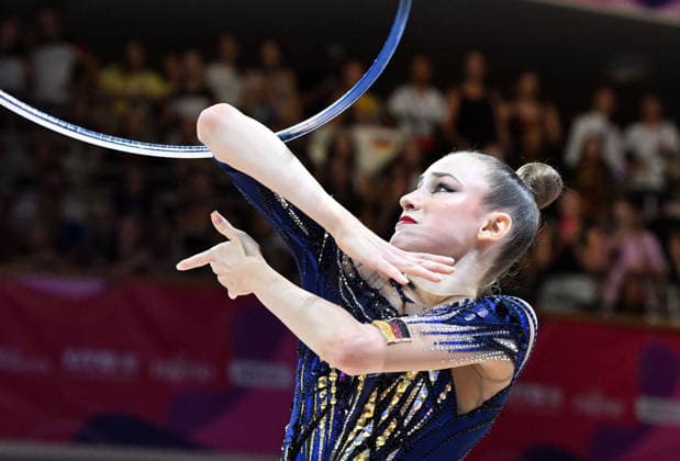 August 14, 2026, xhbx, 2026 Rhythmic Gymnastics World Championships, from left: Darja Varfolomeev, Germany, hoop, DFL, DFB. REGULATIONS PROHIBIT ANY USE OF PHOTOGRAPHS AS IMAGE SEQUENCES AND OR QUASI-VIDEO. Frankfurt am Main