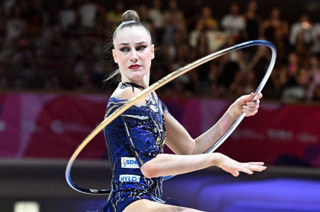 August 14, 2026, xhbx, 2026 Rhythmic Gymnastics World Championships, from left: Darja Varfolomeev, Germany, hoop, DFL, DFB. REGULATIONS PROHIBIT ANY USE OF PHOTOGRAPHS AS IMAGE SEQUENCES AND OR QUASI-VIDEO. Frankfurt am Main