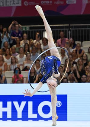 August 14, 2026, xhbx, 2026 Rhythmic Gymnastics World Championships, from left: Darja Varfolomeev, Germany, hoop, DFL, DFB. REGULATIONS PROHIBIT ANY USE OF PHOTOGRAPHS AS IMAGE SEQUENCES AND OR QUASI-VIDEO. Frankfurt am Main