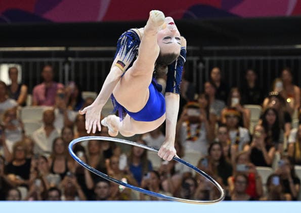 August 14, 2026, xhbx, 2026 Rhythmic Gymnastics World Championships, from left: Darja Varfolomeev, Germany, hoop, DFL, DFB. REGULATIONS PROHIBIT ANY USE OF PHOTOGRAPHS AS IMAGE SEQUENCES AND OR QUASI-VIDEO. Frankfurt am Main