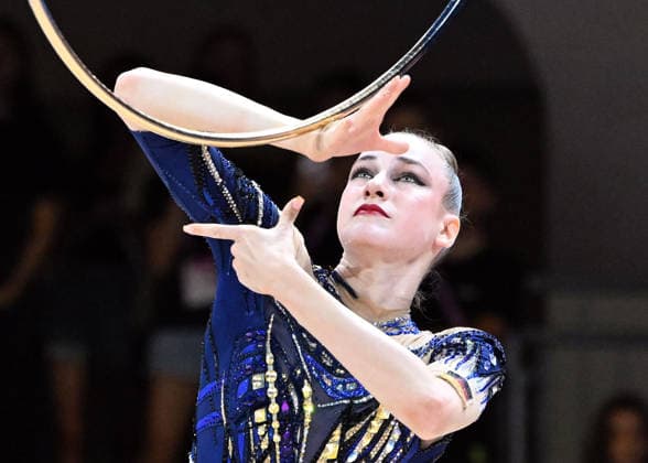 August 14, 2026, xhbx, 2026 Rhythmic Gymnastics World Championships, from left: Darja Varfolomeev, Germany, hoop, DFL, DFB. REGULATIONS PROHIBIT ANY USE OF PHOTOGRAPHS AS IMAGE SEQUENCES AND OR QUASI-VIDEO. Frankfurt am Main