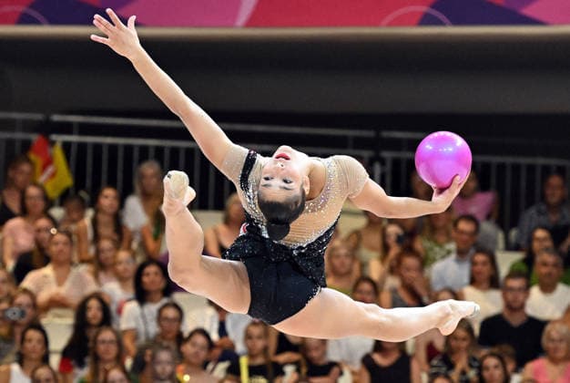 August 14, 2026, xhbx, 2026 Rhythmic Gymnastics World Championships, from left: Sofia Raffaeli, Italy, Ball, DFL, DFB. REGULATIONS PROHIBIT ANY USE OF PHOTOGRAPHS AS IMAGE SEQUENCES AND OR QUASI-VIDEO. Frankfurt am Main