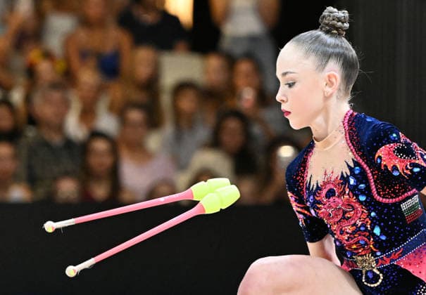August 14, 2026, xhbx, 2026 Rhythmic Gymnastics World Championships, from left: Stiliana Nikolova, Bulgaria, Cologne, DFL, DFB. REGULATIONS PROHIBIT ANY USE OF PHOTOGRAPHS AS IMAGE SEQUENCES AND OR QUASI-VIDEO. Frankfurt am Main