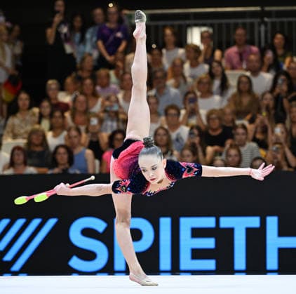 August 14, 2026, xhbx, 2026 Rhythmic Gymnastics World Championships, from left: Stiliana Nikolova, Bulgaria, Cologne, DFL, DFB. REGULATIONS PROHIBIT ANY USE OF PHOTOGRAPHS AS IMAGE SEQUENCES AND OR QUASI-VIDEO. Frankfurt am Main