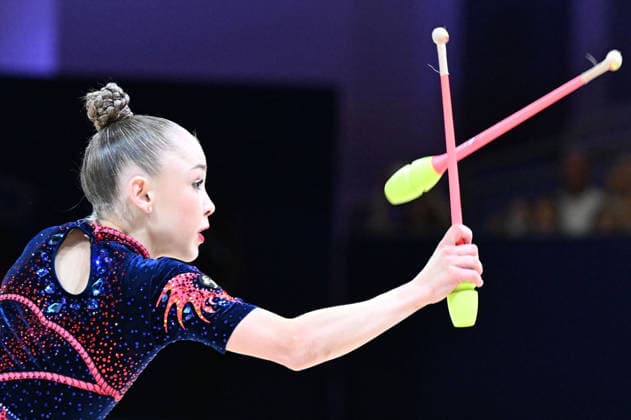 August 14, 2026, xhbx, 2026 Rhythmic Gymnastics World Championships, from left: Stiliana Nikolova, Bulgaria, Cologne, DFL, DFB. REGULATIONS PROHIBIT ANY USE OF PHOTOGRAPHS AS IMAGE SEQUENCES AND OR QUASI-VIDEO. Frankfurt am Main