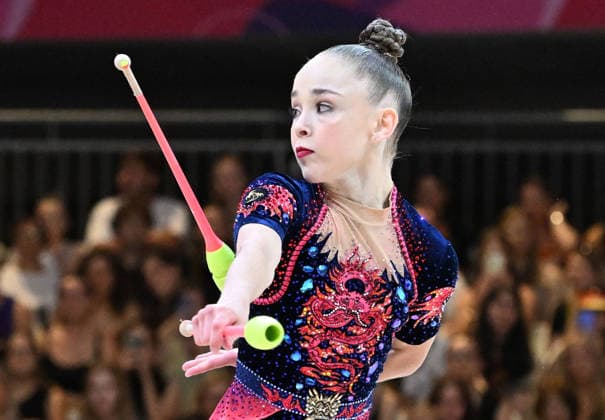 August 14, 2026, xhbx, 2026 Rhythmic Gymnastics World Championships, from left: Stiliana Nikolova, Bulgaria, Cologne, DFL, DFB. REGULATIONS PROHIBIT ANY USE OF PHOTOGRAPHS AS IMAGE SEQUENCES AND OR QUASI-VIDEO. Frankfurt am Main