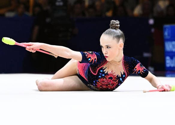 August 14, 2026, xhbx, 2026 Rhythmic Gymnastics World Championships, from left: Stiliana Nikolova, Bulgaria, Cologne, DFL, DFB. REGULATIONS PROHIBIT ANY USE OF PHOTOGRAPHS AS IMAGE SEQUENCES AND OR QUASI-VIDEO. Frankfurt am Main