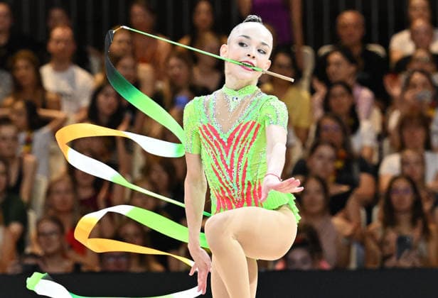 August 14, 2026, xhbx, 2026 Rhythmic Gymnastics World Championships, from left: Stiliana Nikolova (Bulgaria), ribbon. DFL and DFB regulations prohibit any use of photographs as image sequences and or quasi-video. Frankfurt am Main