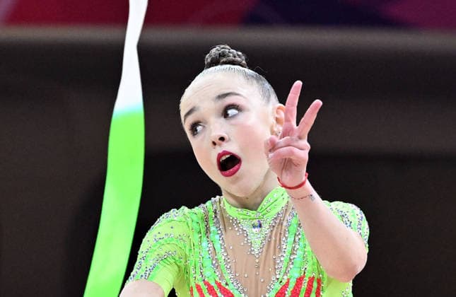 August 14, 2026, xhbx, 2026 Rhythmic Gymnastics World Championships, from left: Stiliana Nikolova (Bulgaria), ribbon. DFL and DFB regulations prohibit any use of photographs as image sequences and or quasi-video. Frankfurt am Main
