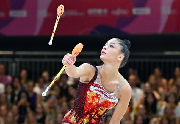 August 14, 2026, xhbx, 2026 Rhythmic Gymnastics World Championships, from left: Sofia Raffaeli, Italy, Cologne, DFL, DFB. REGULATIONS PROHIBIT ANY USE OF PHOTOGRAPHS AS IMAGE SEQUENCES AND OR QUASI-VIDEO. Frankfurt am Main
