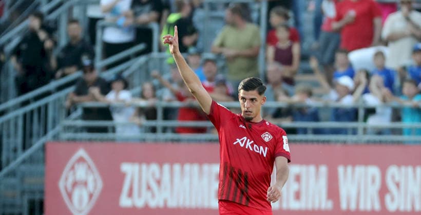 August 14, 2026, xfsx, Men s, Soccer, 2026–2027 Season, 3rd Division, Matchday 2: FC Würzburger Kickers vs. SV Wehen Wiesbaden; from left: Ivan Franjic of FC Würzburger Kickers celebrating the goal; goal celebration; celebrating the 1–0 goal; still image from the AKON ARENA in Würzburg, Bavaria, Germany