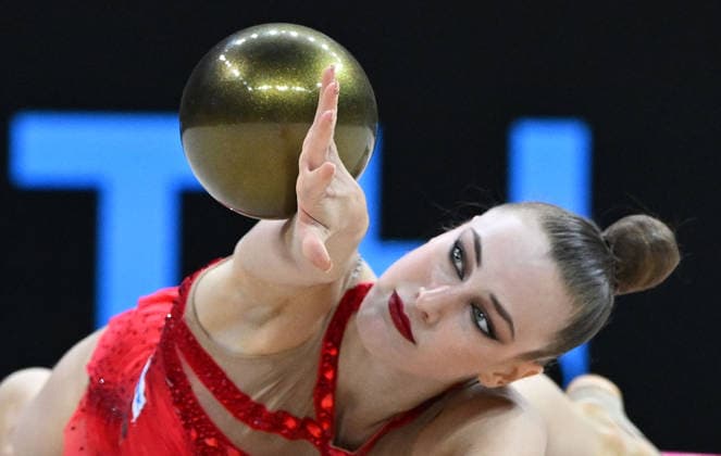August 14, 2026, xhbx, 2026 Rhythmic Gymnastics World Championships, from left: Darja Varfolomeev, Germany, Ball, DFL, DFB. REGULATIONS PROHIBIT ANY USE OF PHOTOGRAPHS AS IMAGE SEQUENCES AND OR QUASI-VIDEO. Frankfurt am Main