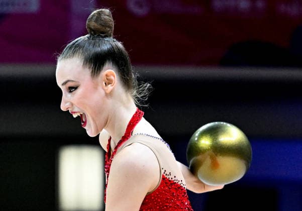 August 14, 2026, xhbx, 2026 Rhythmic Gymnastics World Championships, from left: Darja Varfolomeev, Germany, Ball, DFL, DFB. REGULATIONS PROHIBIT ANY USE OF PHOTOGRAPHS AS IMAGE SEQUENCES AND OR QUASI-VIDEO. Frankfurt am Main