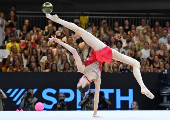 August 14, 2026, xhbx, 2026 Rhythmic Gymnastics World Championships, from left: Darja Varfolomeev, Germany, Ball, DFL, DFB. REGULATIONS PROHIBIT ANY USE OF PHOTOGRAPHS AS IMAGE SEQUENCES AND OR QUASI-VIDEO. Frankfurt am Main