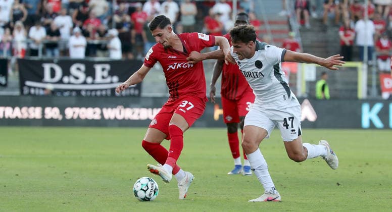 August 14, 2026, xfsx, Men s, Soccer, 2026–2027 Season, 3rd Division, Matchday 2: FC Würzburger Kickers vs. SV Wehen Wiesbaden; from left: Ivan Franjic (FC Würzburger Kickers), David Suarez (SV Wehen Wiesbaden); Würzburg, AKON ARENA, Bavaria, Germany