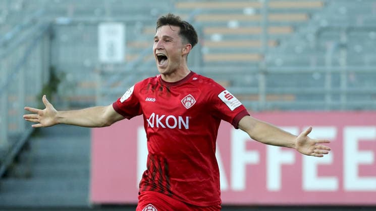 August 14, 2026, xfsx, Men s, Soccer, 2026–2027 Season, 3rd Division, Matchday 2: FC Würzburger Kickers vs. SV Wehen Wiesbaden; from left: Tim Kraus of FC Würzburger Kickers celebrating the goal; goal celebration; celebrating the 2–0 goal; single frame; Würzburg AKON ARENA; Bavaria, Germany