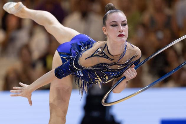 World Rhythmic Gymnastics Championships: Darja Varfolomeev of Germany with the hoop; World Rhythmic Gymnastics Championships, August 11–16 at the Festhalle in Frankfurt am Main; Individual All-Around Final, places 1–9; Frankfurt am Main, Hesse, Germany; Festhalle