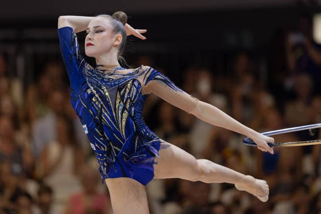World Rhythmic Gymnastics Championships: Darja Varfolomeev of Germany with the hoop; World Rhythmic Gymnastics Championships, August 11–16 at the Festhalle in Frankfurt am Main; Individual All-Around Final, places 1–9; Frankfurt am Main, Hesse, Germany; Festhalle