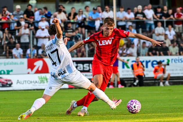 August 14, 2026, GER, Soccer, Men s, Bavarian Regional League, FC Memmingen vs. TSV 1860 Munich; Lance Fiedler (Munich), 47; Pascal Maier (Memmingen), 7; Memmingen at ArenaPark, Bavaria, Germany Copyright: xNordphotox xHafnerx