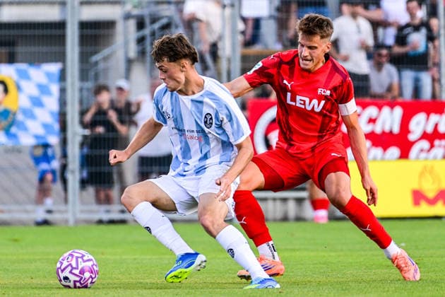 August 14, 2026, GER, Soccer, Men s, Bavarian Regional League, FC Memmingen vs. TSV 1860 Munich; Emre Erdogan (Munich), 19; Lukas Rietzler (Memmingen), 29; Memmingen, at ArenaPark, Bavaria, Germany Copyright: xNordphotox xHafnerx