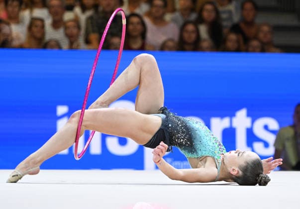 August 14, 2026, xhbx, 2026 Rhythmic Gymnastics World Championships, from left: Stiliana Nikolova (Bulgaria), hoop; DFL, DFB. REGULATIONS PROHIBIT ANY USE OF PHOTOGRAPHS AS IMAGE SEQUENCES AND OR QUASI-VIDEO. Frankfurt am Main