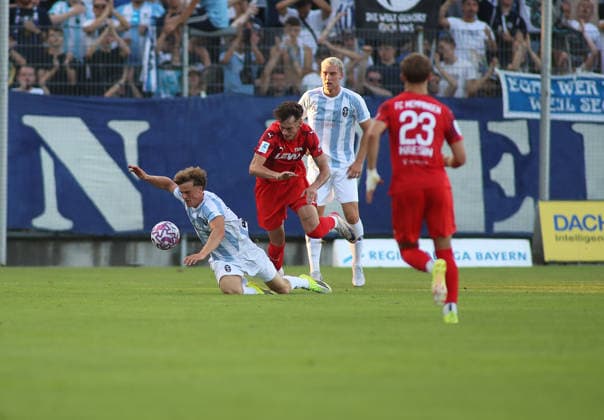 Soccer, Men s, Bavarian Regional League, 2026–2027 Season, FC Memmingen vs. TSV 1860 Munich, at Arena Park in Memmingen s Julian Bell Stadium; TSV 1860 Munich s player is fouled during a tackle