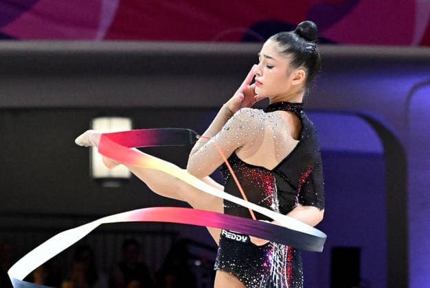 August 14, 2026, xhbx, 2026 Rhythmic Gymnastics World Championships, from left: Sofia Raffaeli, Italy, ribbon; DFL, DFB. REGULATIONS PROHIBIT ANY USE OF PHOTOGRAPHS AS IMAGE SEQUENCES AND OR QUASI-VIDEO. Frankfurt am Main