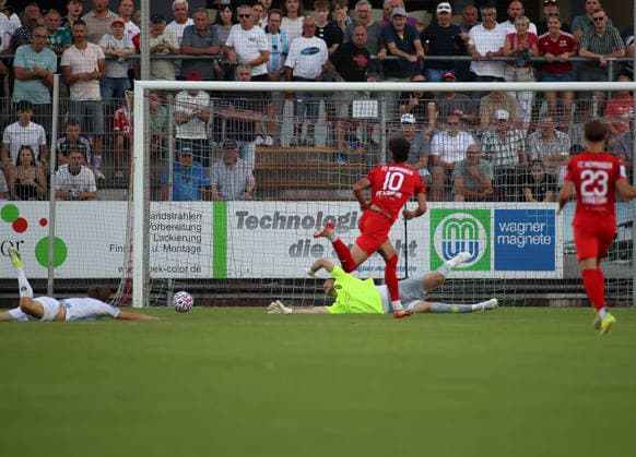 Soccer, Men s, Bavarian Regional League, 2026–2027 Season, FC Memmingen vs. TSV 1860 Munich, at Arena Park in Memmingen’s Luis Pfaumann Stadium—FC Memmingen with a huge chance, here with Vitus Eicher bringing down TSV 1860 Munich